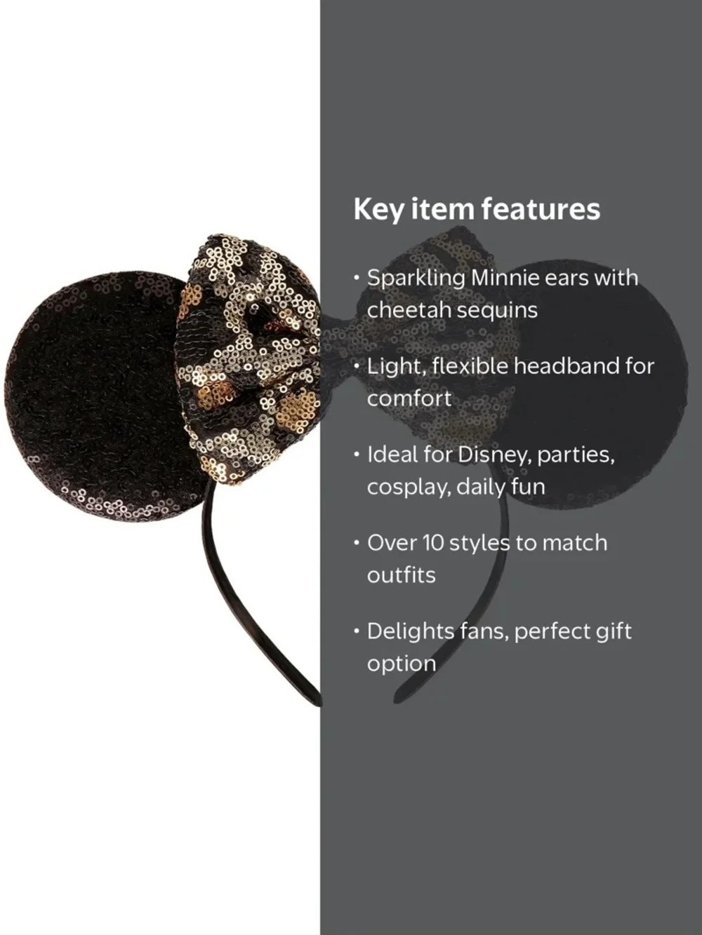 Disney Minnie Mouse Black and Gold Animal Print Sequin Bow Ear Headband NWT